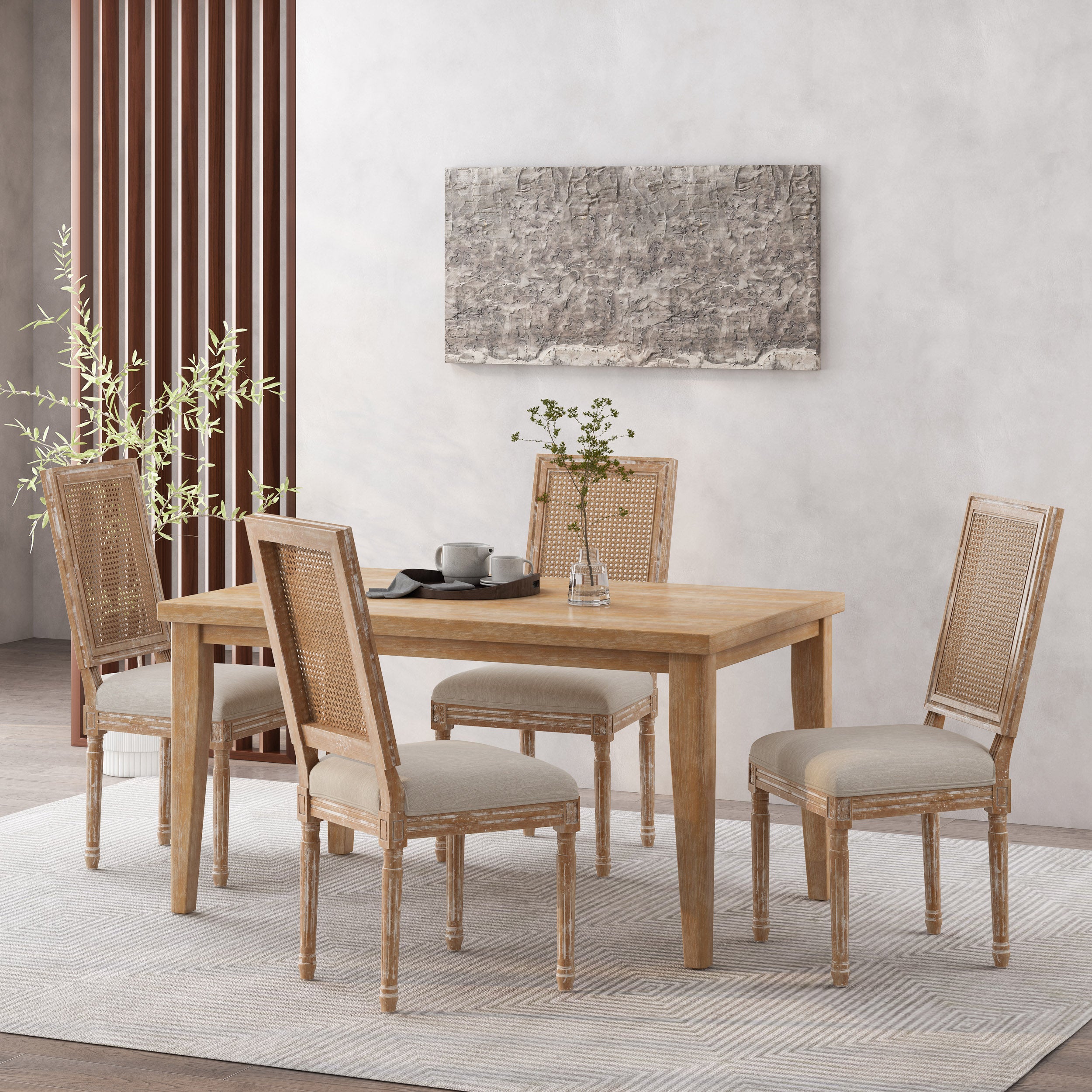 Brownell French Country Wood and Cane Upholstered Dining Chair, Set of 4