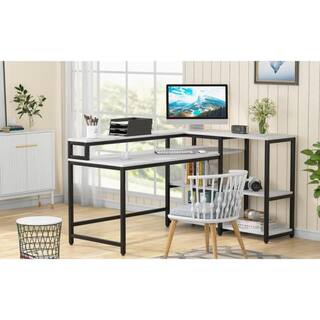 BYBLIGHT 55 in. L-shaped White Faux Marble Reversible Computer Desk with Shelves and Monitor Stand BB-JW0133GX