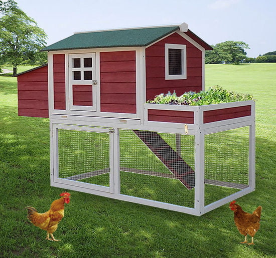 Pawhut 63 Wooden Backyard Chicken Coop With Garden Box， Run Area， Nesting Box， Red