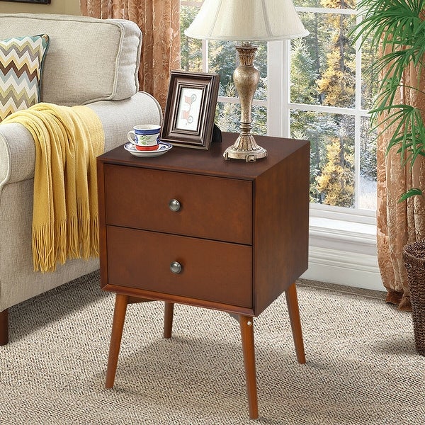 Nightstand Mid-Century End Side Table with 2 Drawers and Rubber Wood Legs - - 35551513