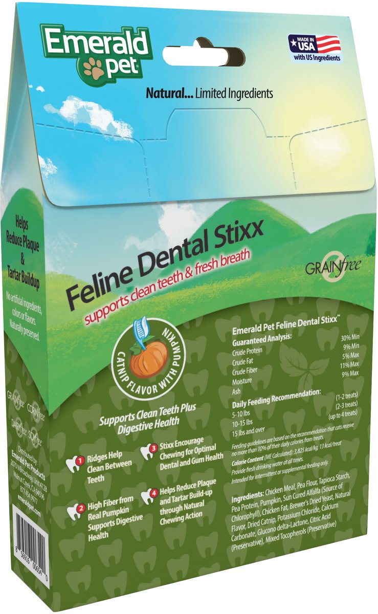 Emerald Pet Feline Dental Stixx Catnip Flavor With Pumpkin Grain-Free Dental Cat Treats， 3.6-oz bag