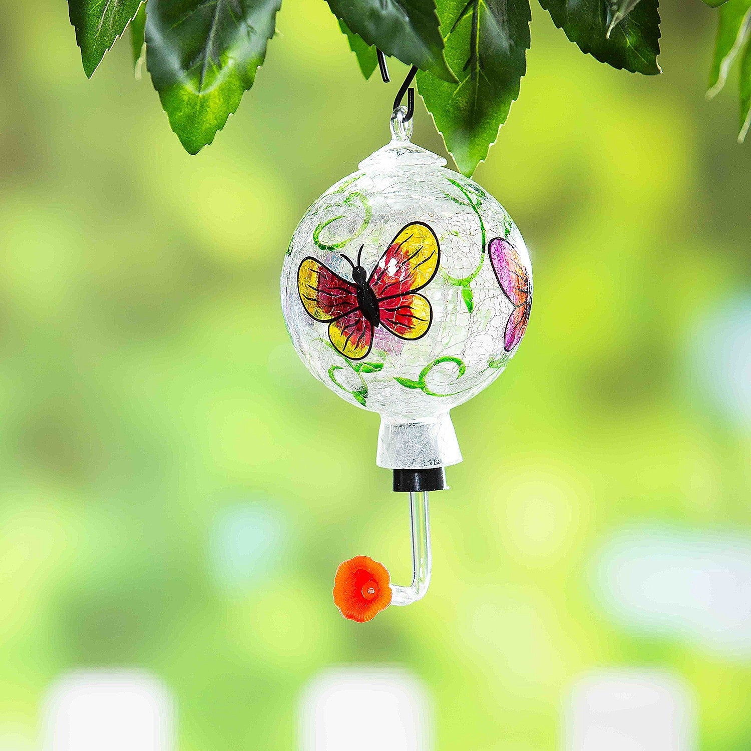 Evergreen Painted Glass Hummingbird Feeder with Crackle Effect， Butterfly