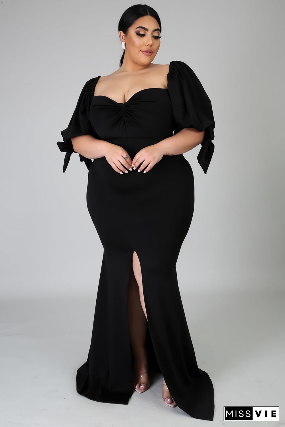 Black Bow Tie Puff Sleeve Plus Size High Slit Maxi Dress