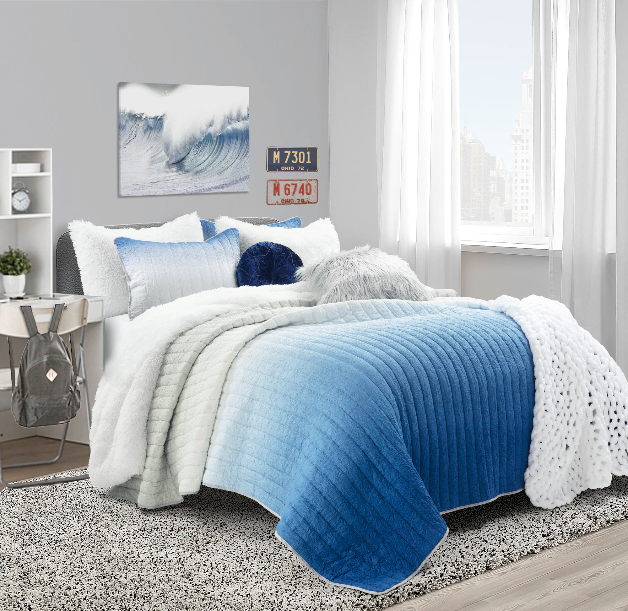 Bedding Bundle: Crinkle Ombre Quilt Set + Emma Faux Fur Comforter Set