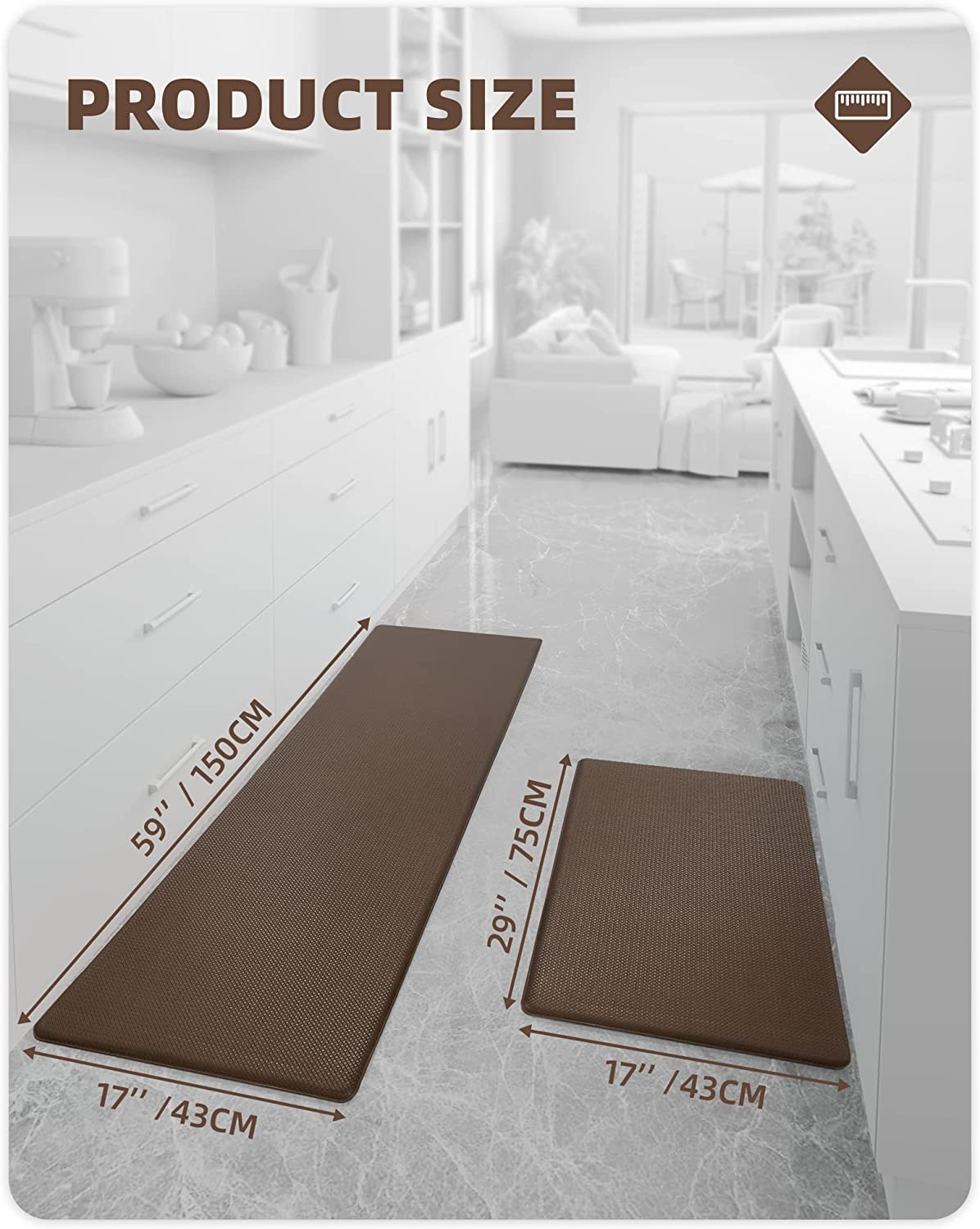 ColorandGeometry Kitchen Rugs， Kitchen Rug Set 2 Piece Kitchen Runner Rug Kitchen Floor Mat， Cushioned Anti Fatigue Kitchen Mat Non Skid Waterproof Comfort Standing Kitchen Rug， 17x29+17x59， Brown