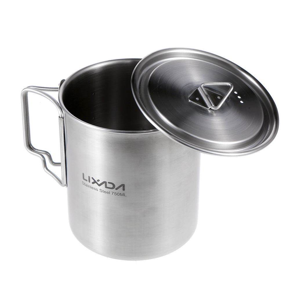 Lixada 750ml Stainless Steel Pot Portable Water Mug Cup with Lid and Foldable Handle Outdoor Camping Cooking Picnic