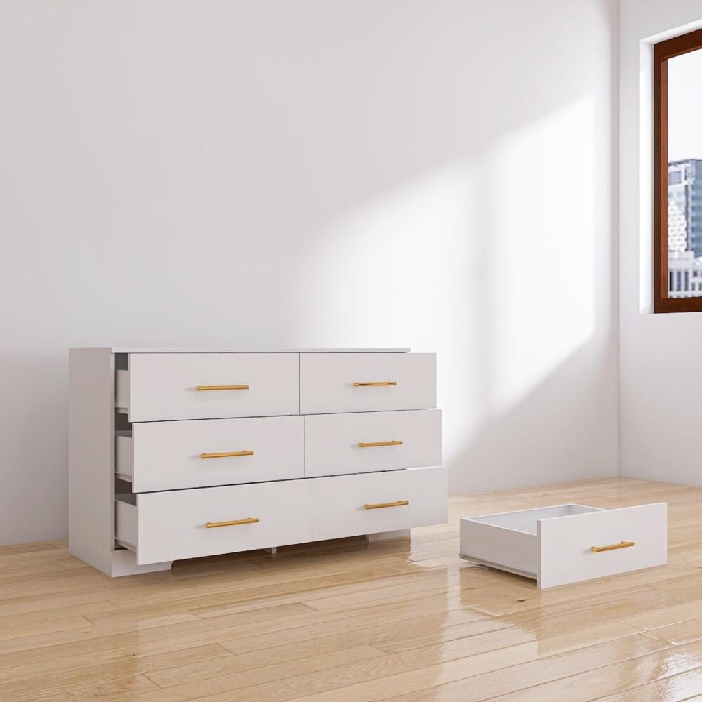 White Large 6 Drawers Chest of Dressers Table with Golden Handle