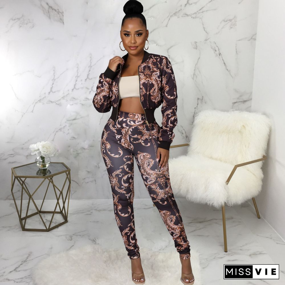 Printed Long Sleeve Zipper Jacket And Pant Suits