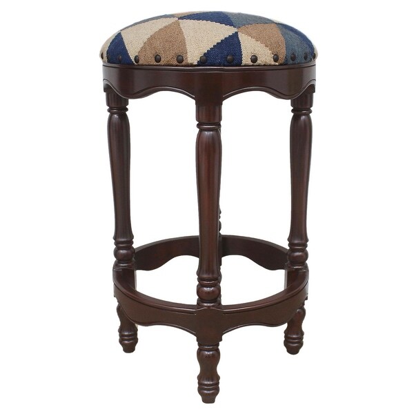 Shabby Chic Kilim Wood Bar Stool Jeffrey Blue Beige - 18