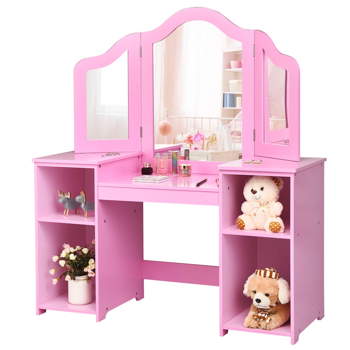 Costzon Kids Vanity, Princess Makeup Dressing Table with Tri-Folding Mirror & Storage Shelves, Pink