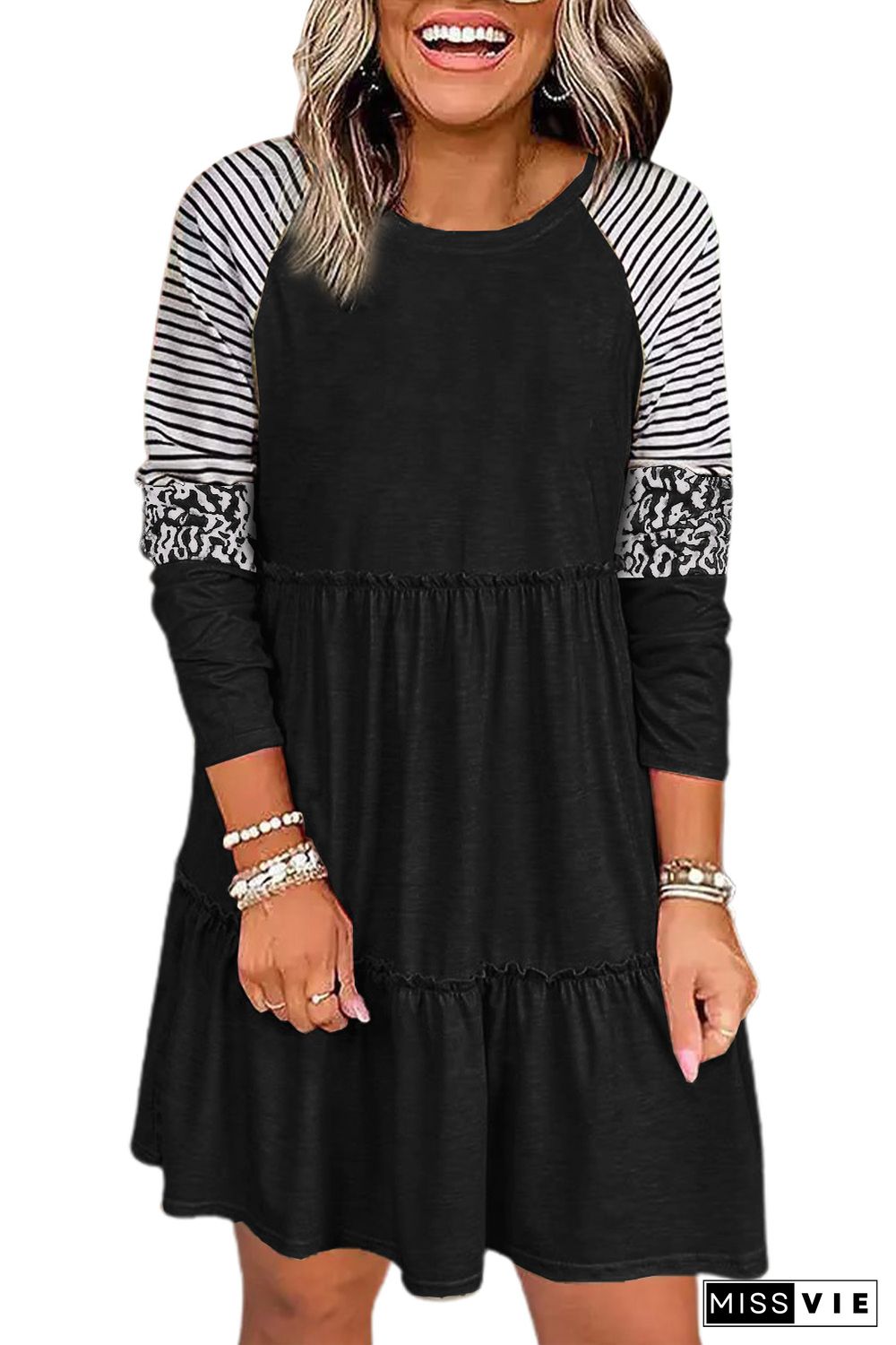 Black Striped Leopard Patchwork Long Sleeve Mini Dress