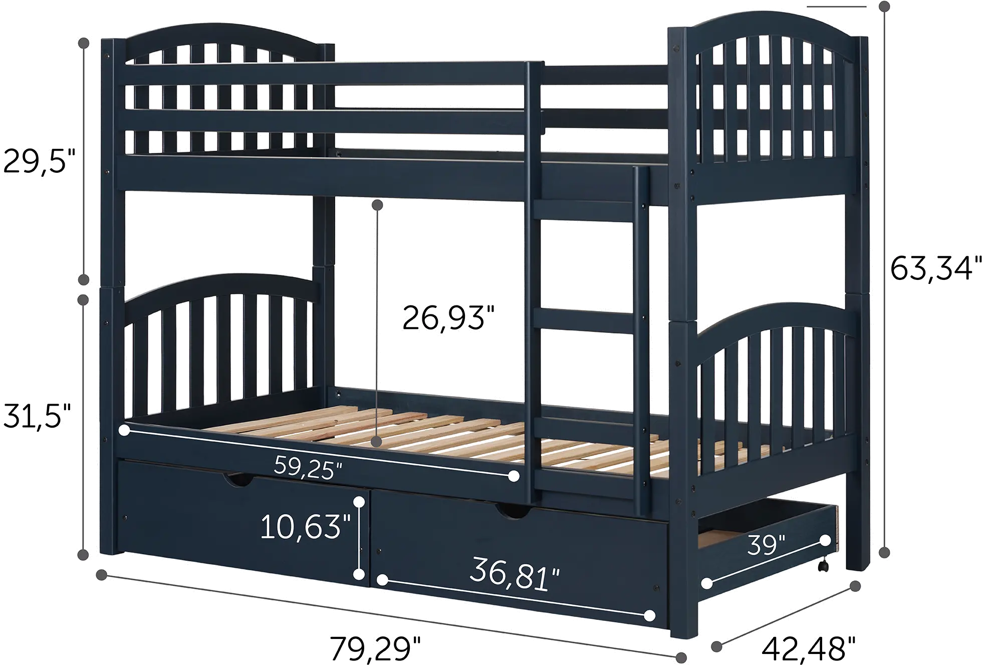 Asten Navy Blue Twin Bunk Beds with Storage Drawers