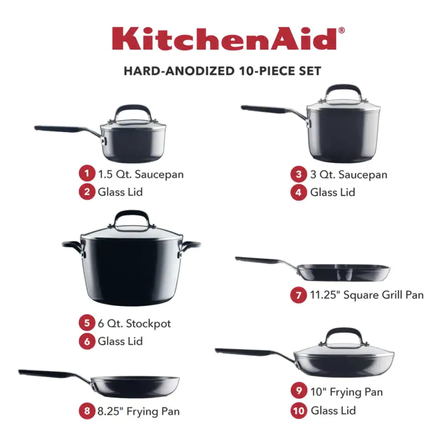 KitchenAid Hard Anodized Nonstick 10 Piece Hard Andozed Aluminum Nonstick Cookware Set， Onyx