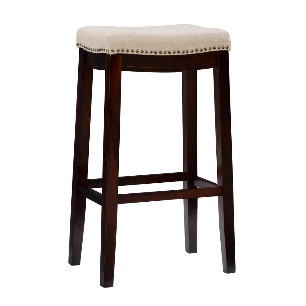 Linon Home Decor Concord Dark Walnut Finish Frame Barstool with Padded Beige Linen Seat 98326WAL-01-KD