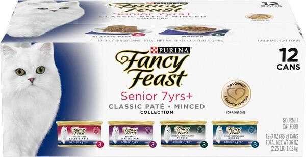 Fancy Feast Senior 7+ Chicken， Beef and Tuna Feasts Variety Pack Canned Cat Food， 3-oz can， case of 12