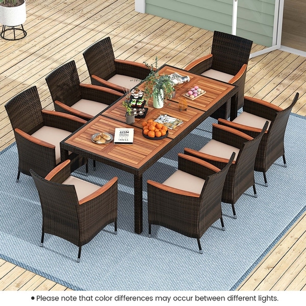 Costway 9PCS Patio Wicker Dining Set Acacia Wood Table Top Umbrella