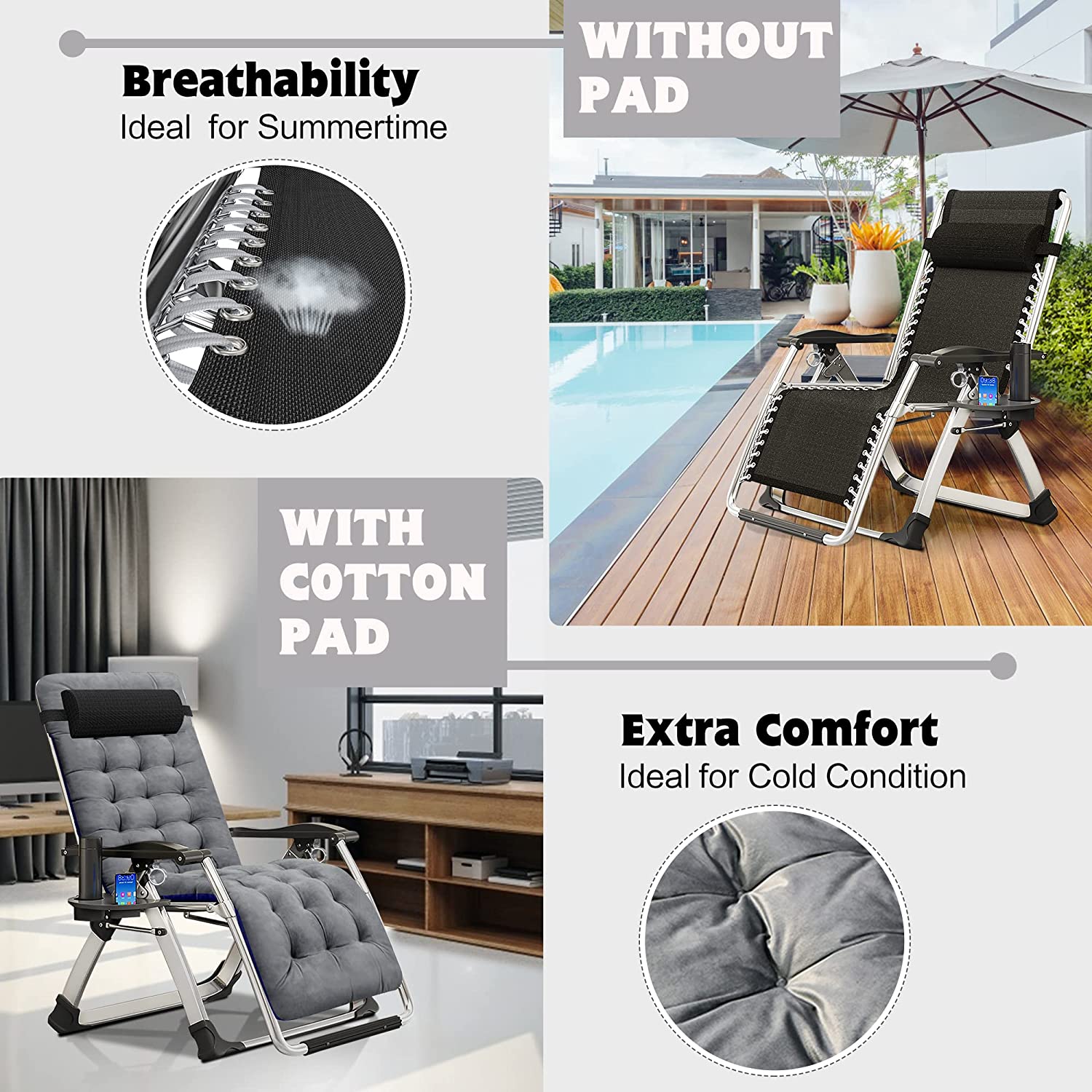 NAIZEA Zero Gravity Chair, Reclining Lounge Chair with Removable Cushion & Tray for Indoor and Outdoor, Ergonomic Patio Recliner Folding Reclining Chair