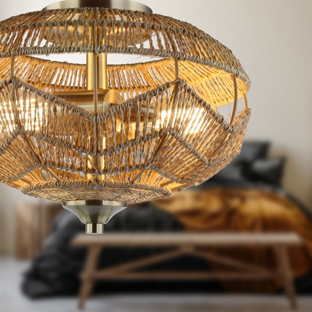 Oran High Brushed Gold Iron Ceiling Light With Round Tan Hemp Rope Shade River Of Goods