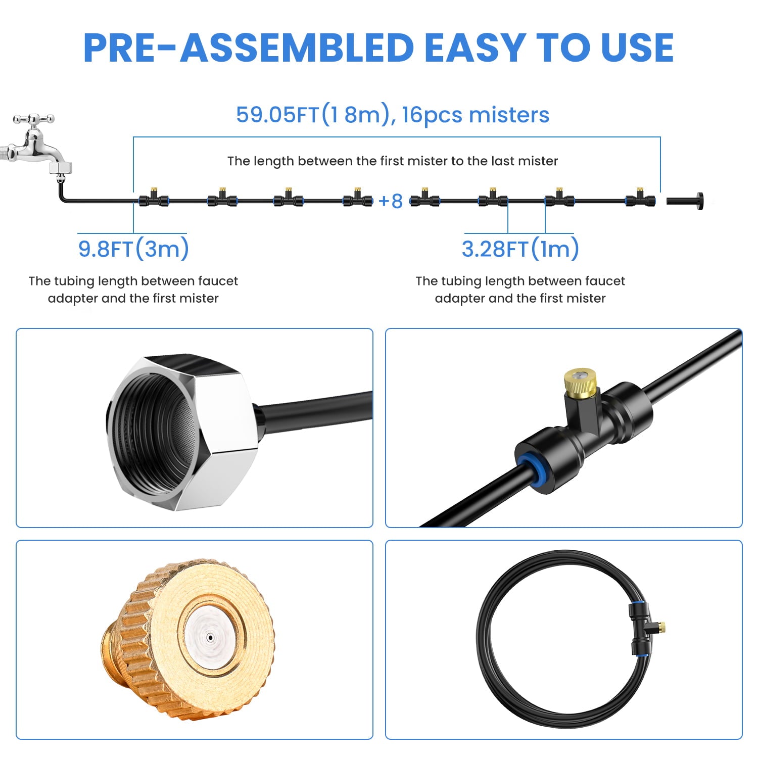 Misting Cooling System 60FT + Extra DIY 13FT Misters Line ， Outdoor Mister for Patio Garden Lawn Greenhouse