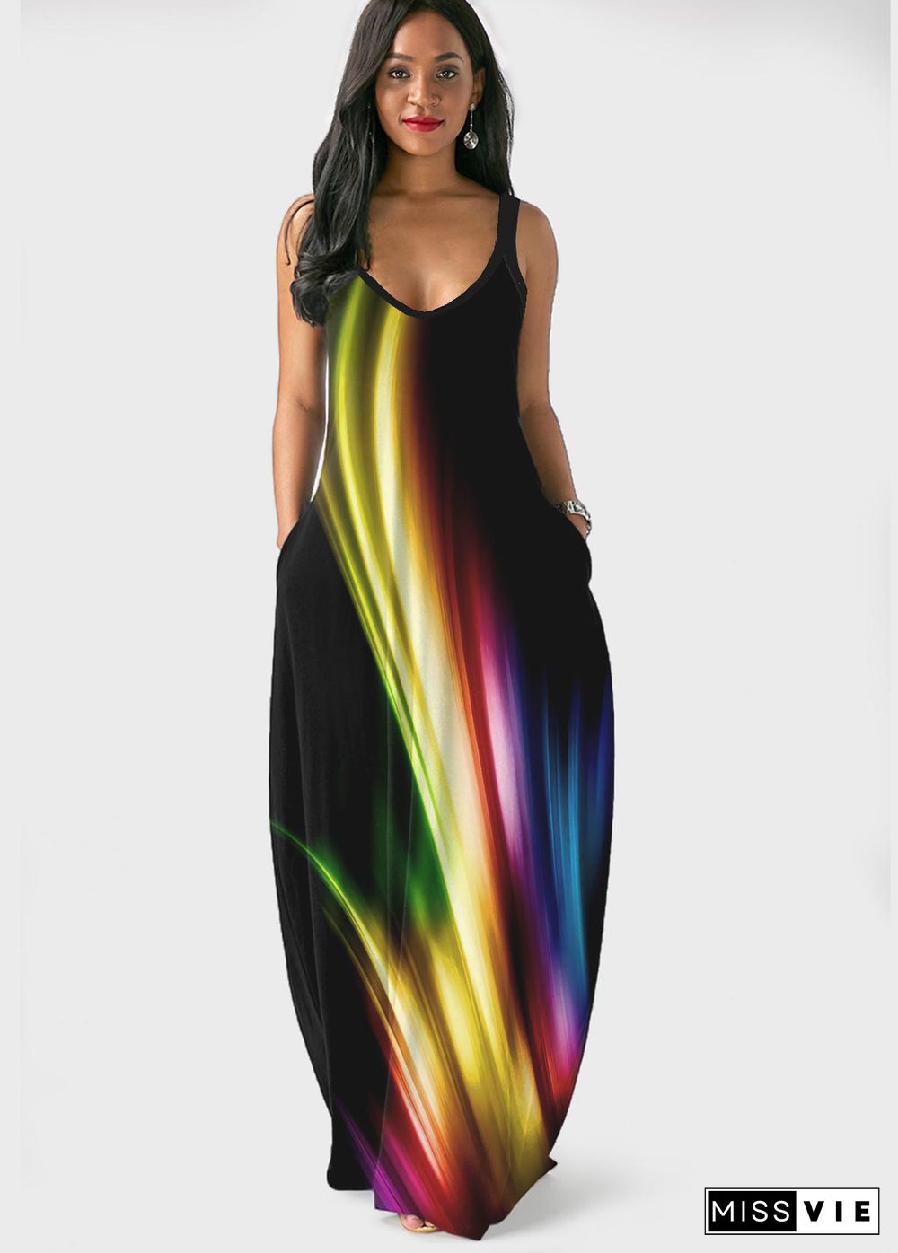 Plus Size Printed Summer Women Sexy Sleeveless Sleeveless Strap V Neck Party Maxi Long Dresses