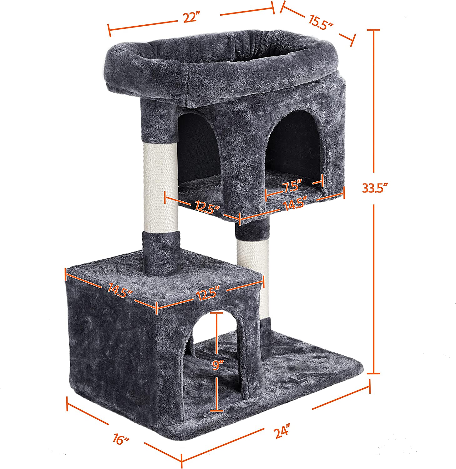 33.5in Cat Tree Tower for Indoor Cats w/2 Cozy Plush Condos, Oversized Perch & Sisal Scratching Posts, Stable Cat Stand House for Large Cats & Pets