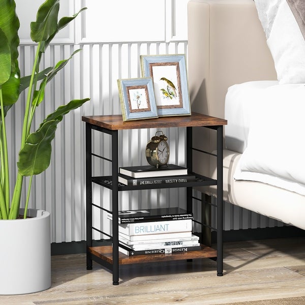 Costway 2 PCS 3-Tier Side End Table with Adjustable Mesh Shelf Narrow - 15'' x 12'' x 20'' (Lx Wx H)