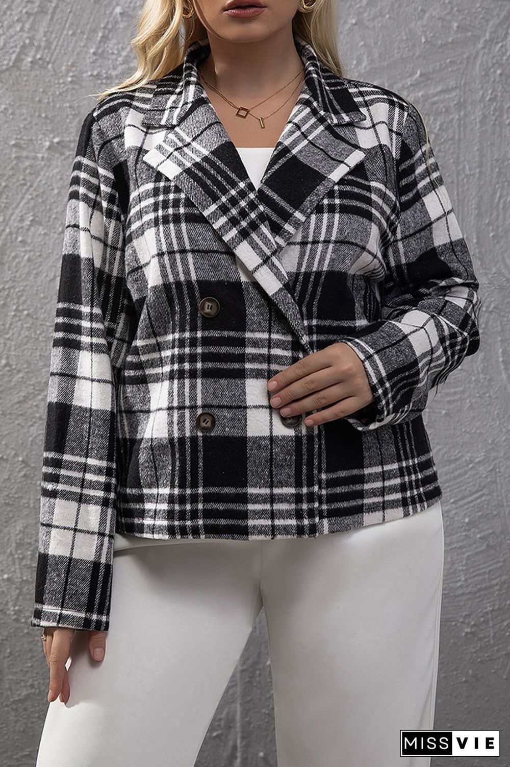 Plaid Lapel Collar Short Length Plus Size Jackets