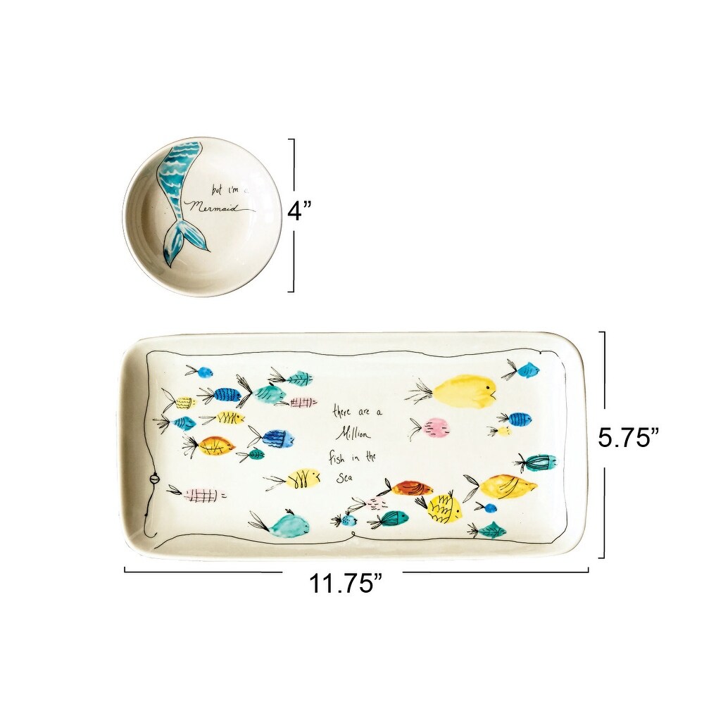 Stoneware Plate with Fish Images and Matching Bowl