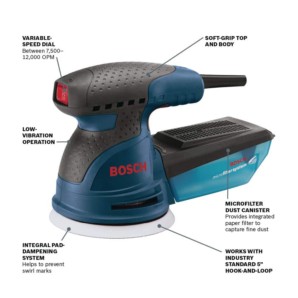 Bosch 2.5 Amp 5 in. Corded Variable Speed Random Orbital Sander/Polisher Kit with Hard Carrying Case ROS20VSK