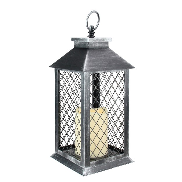 Silver Brushed Black Mesh Candle Lantern With Flameless Led Candle