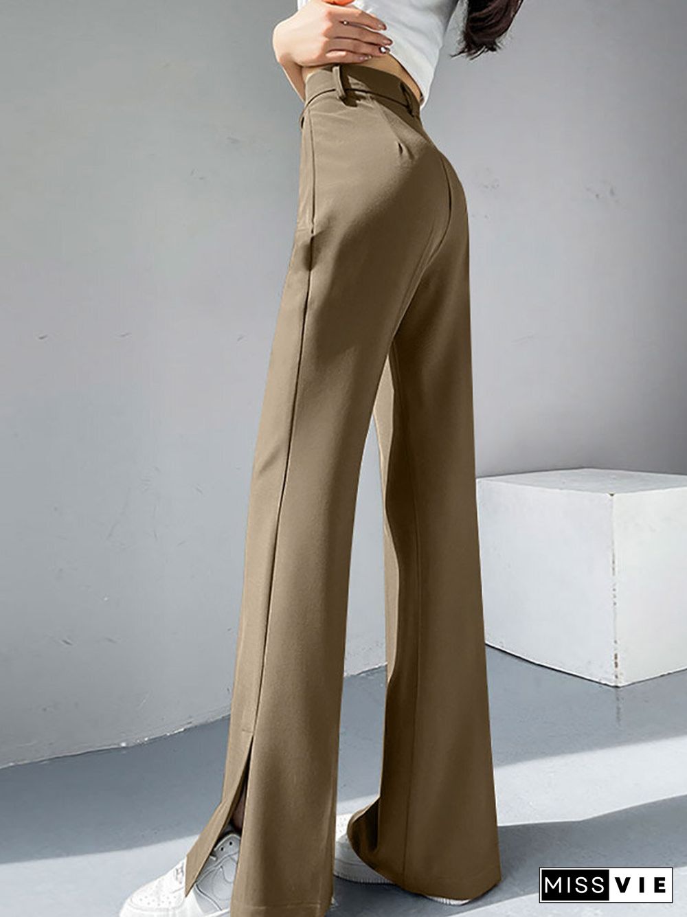 High Waist Solid Double Slit Hem Casual Pants