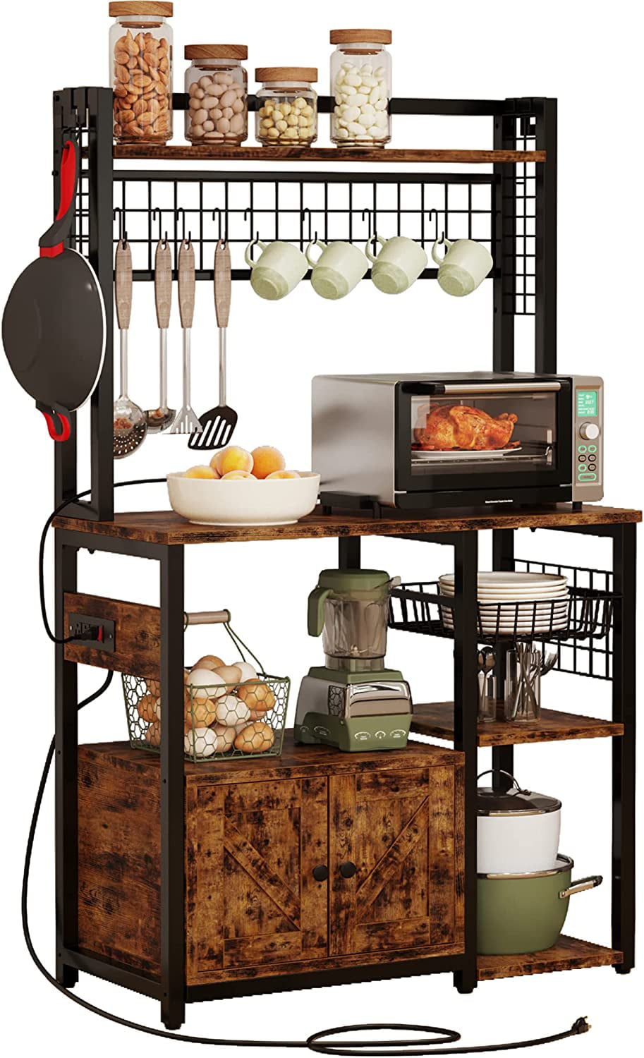 IRONCK Bakers Rack with Power Outlets， Large Microwave Stand with Drawer for Kitchen， Vintage Brown and sleek wood grain