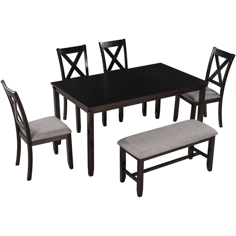 Merax Wooden 6 Piece Kitchen Dining Set with Bench and 4 Dining Chairs