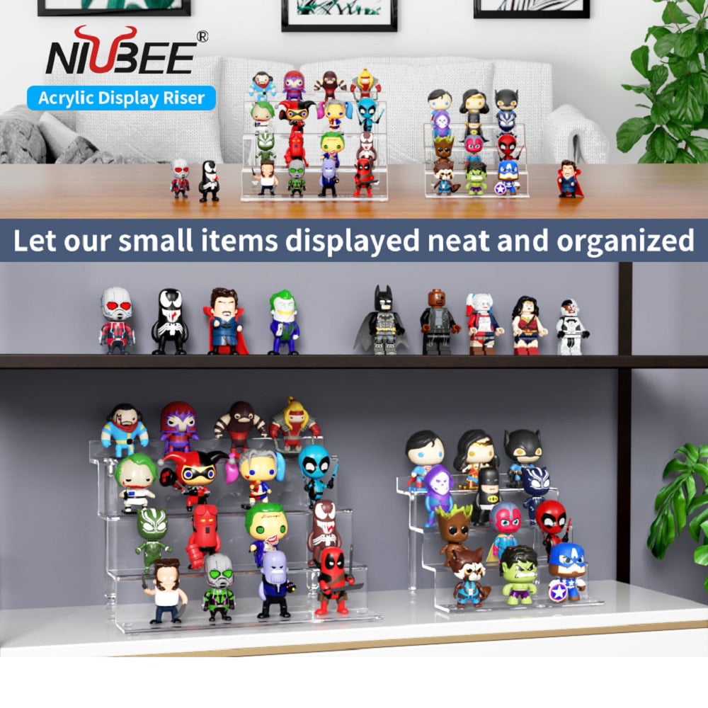 NIUBEE® Acrylic Riser Display Shelf(Pack of 2), Clear Display Stand for Amiibo Funko POP Figures,4 Tier Cupcakes Stand Perfume Organizer and Storage, Small