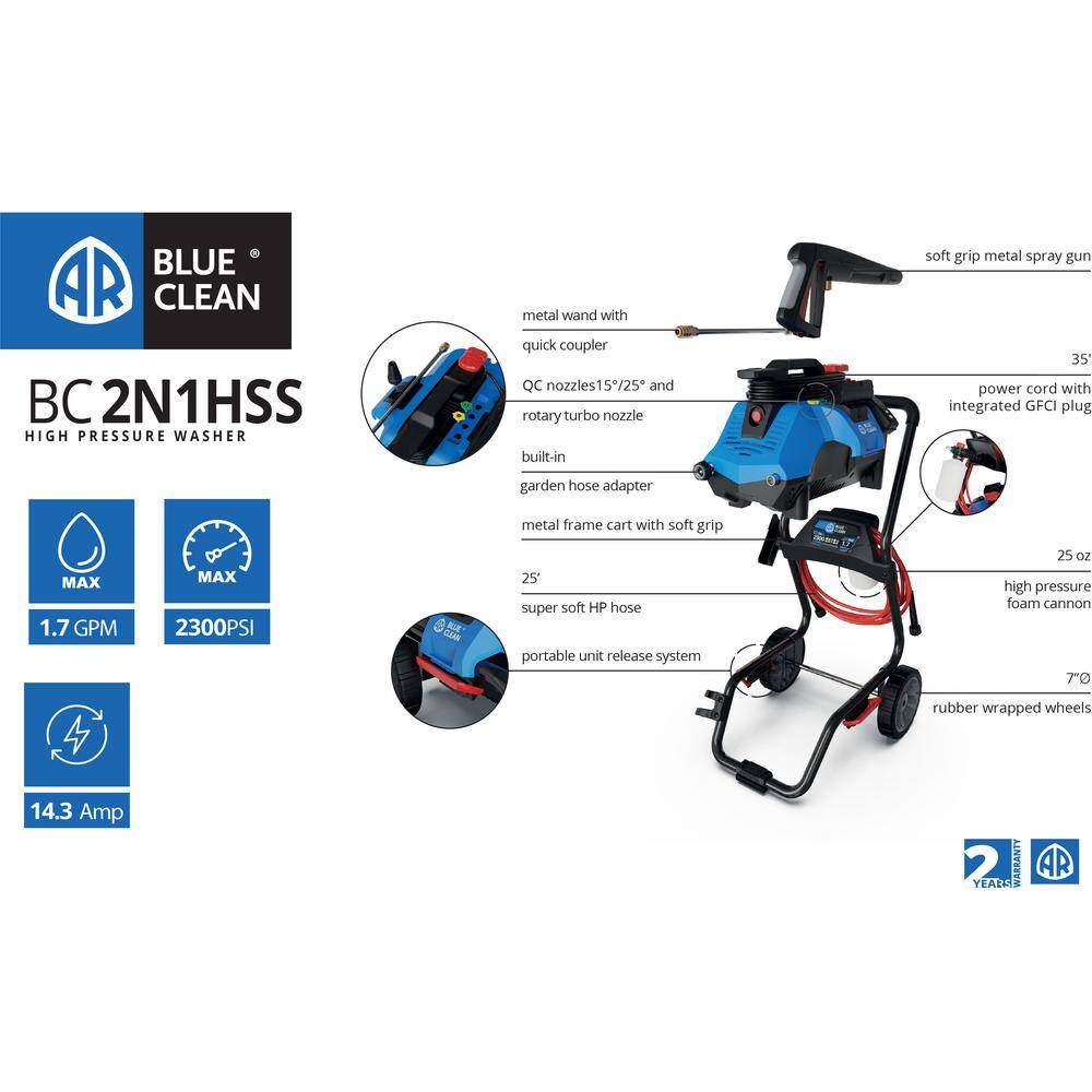 AR Blue Clean New 2-in-1 Universal Motor 2300 PSI Cold Water Electric Pressure Washer with Up to 1.7 GPM BC2N1HSS BC2N1HSS