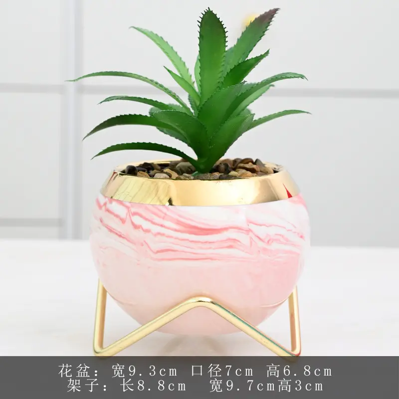 Cheap fashion nordic round ceramic succulent pot with golden edges iron rack  water transfer printing flowerpot