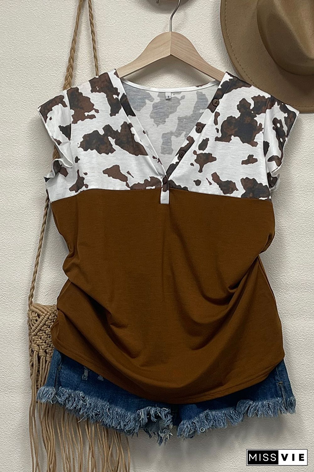 Cow Print Splicing V Neck Buttoned Flutter Sleeves Tank Top