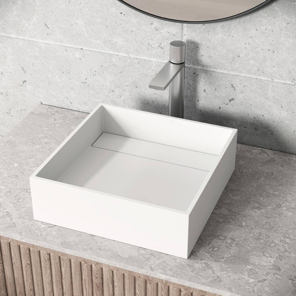 VIGO Montauk Modern White Matte Stone 15 in. L x 15 in. W x 5 in. H Square Vessel Bathroom Sink VG04020