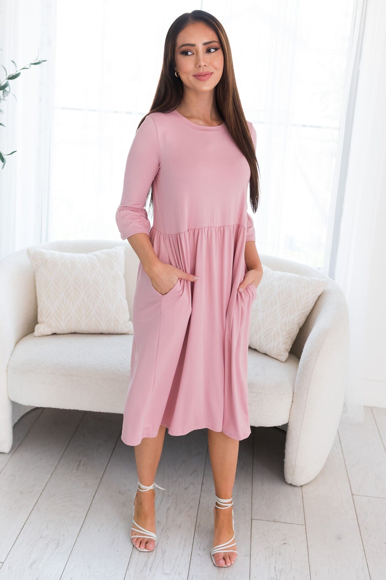 Zadie dusty pink bell-sleeved crew neck gown