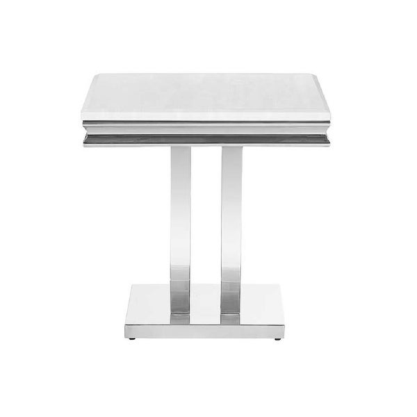 Faux Marble Top End Table with Metal Base in White and Polished Chrome