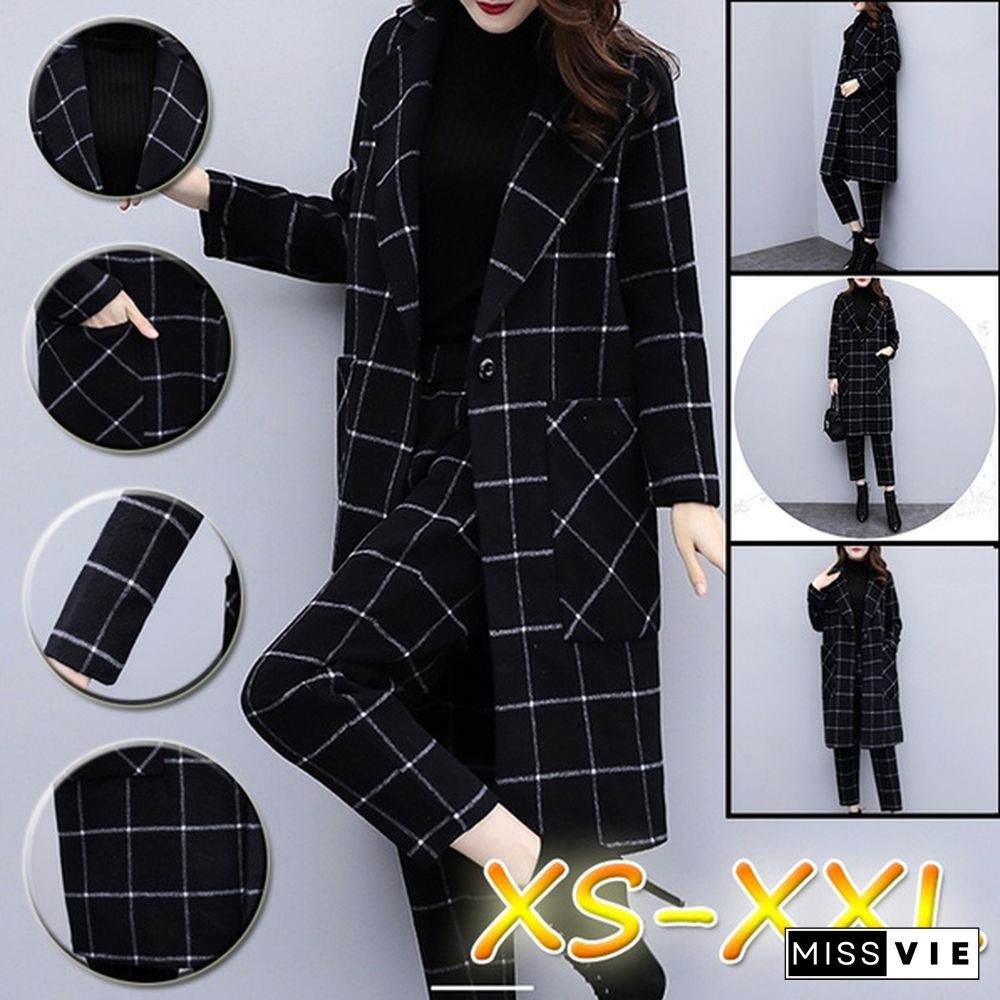 Winter Black Woolen Plaid Two Piece Sets Outfits Women Plus Size Long Coat And Pants Suits Elegant Fashion Office Sets