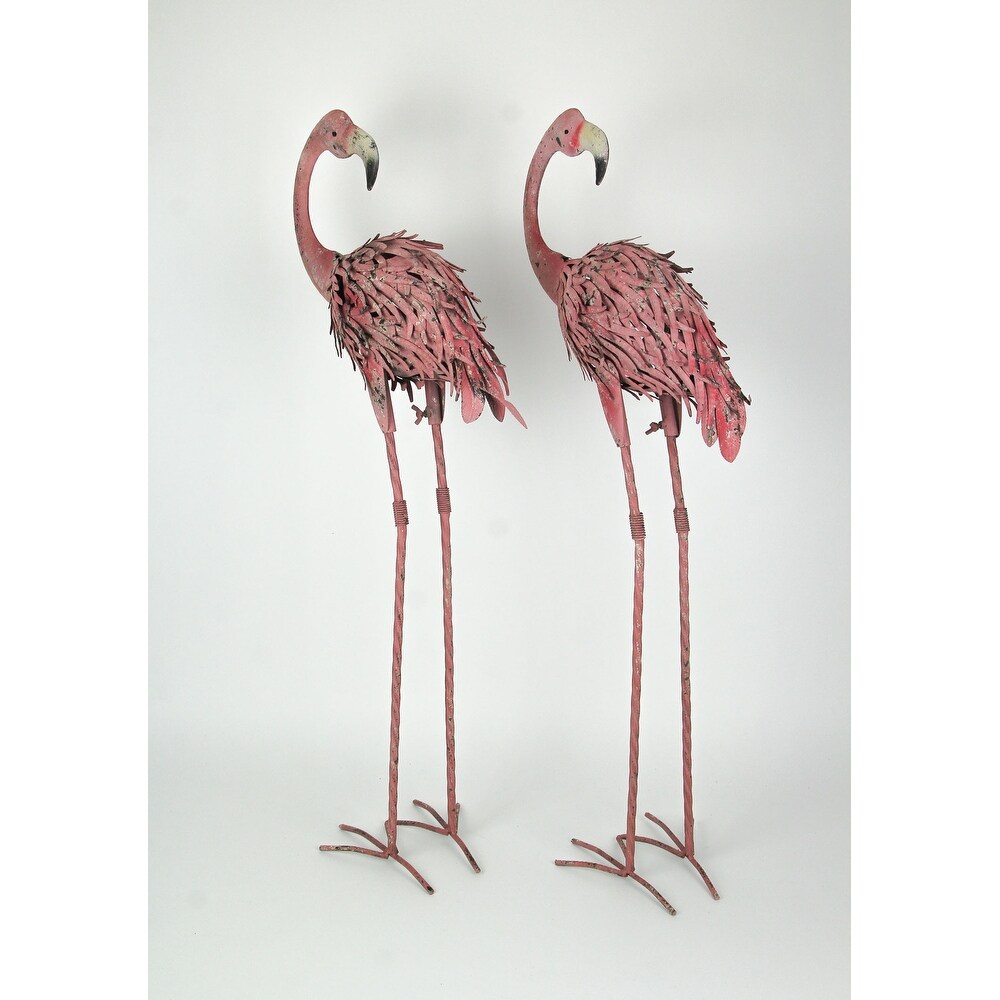 Pair Of 34 Inch Tall Decorative Metal Pink Flamingo Yard Statues   34 X 13 X 8 inches