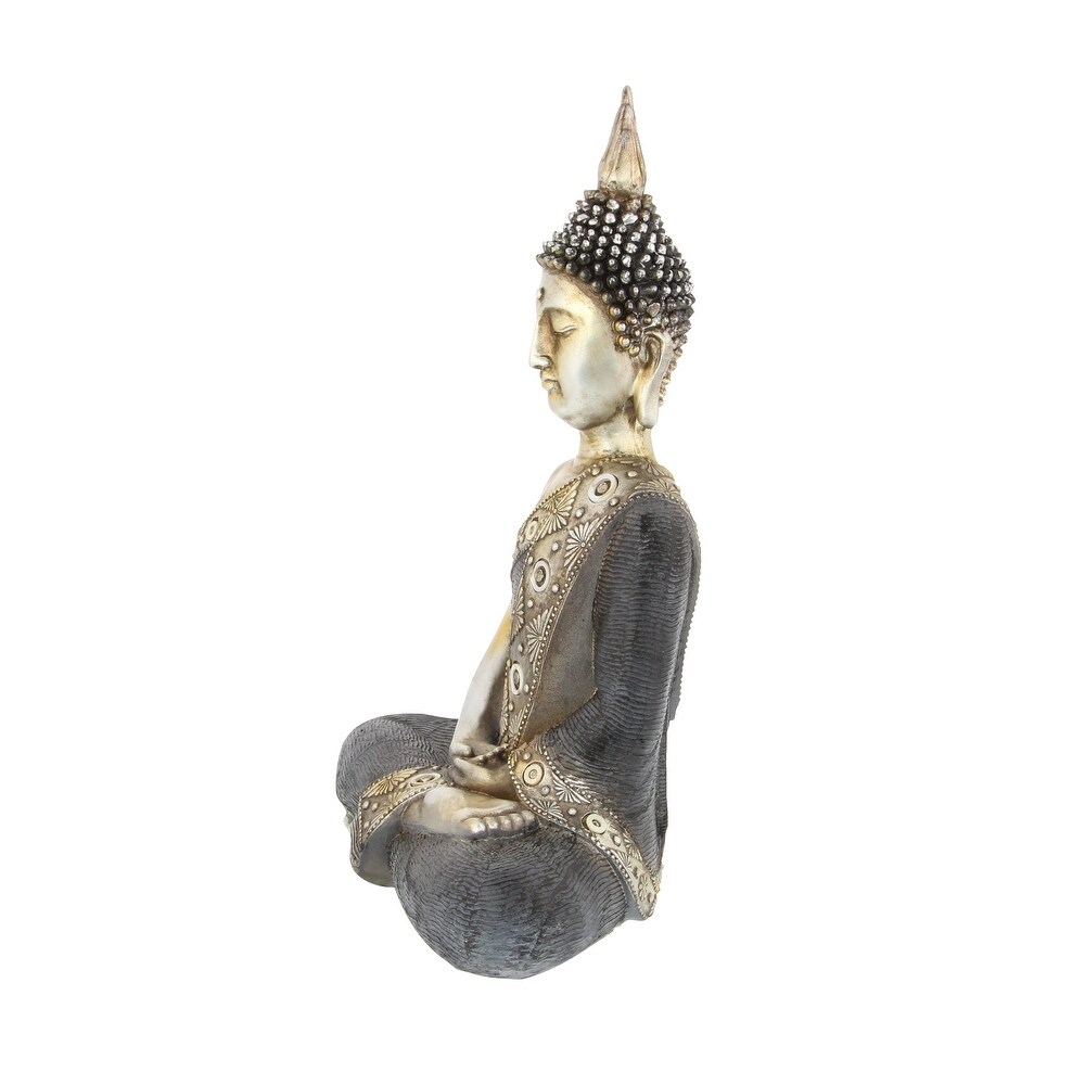 Brass Polystone Bohemian Buddha Sculpture with Engraved Carvings and Relief Detailing   12 x 6 x 16