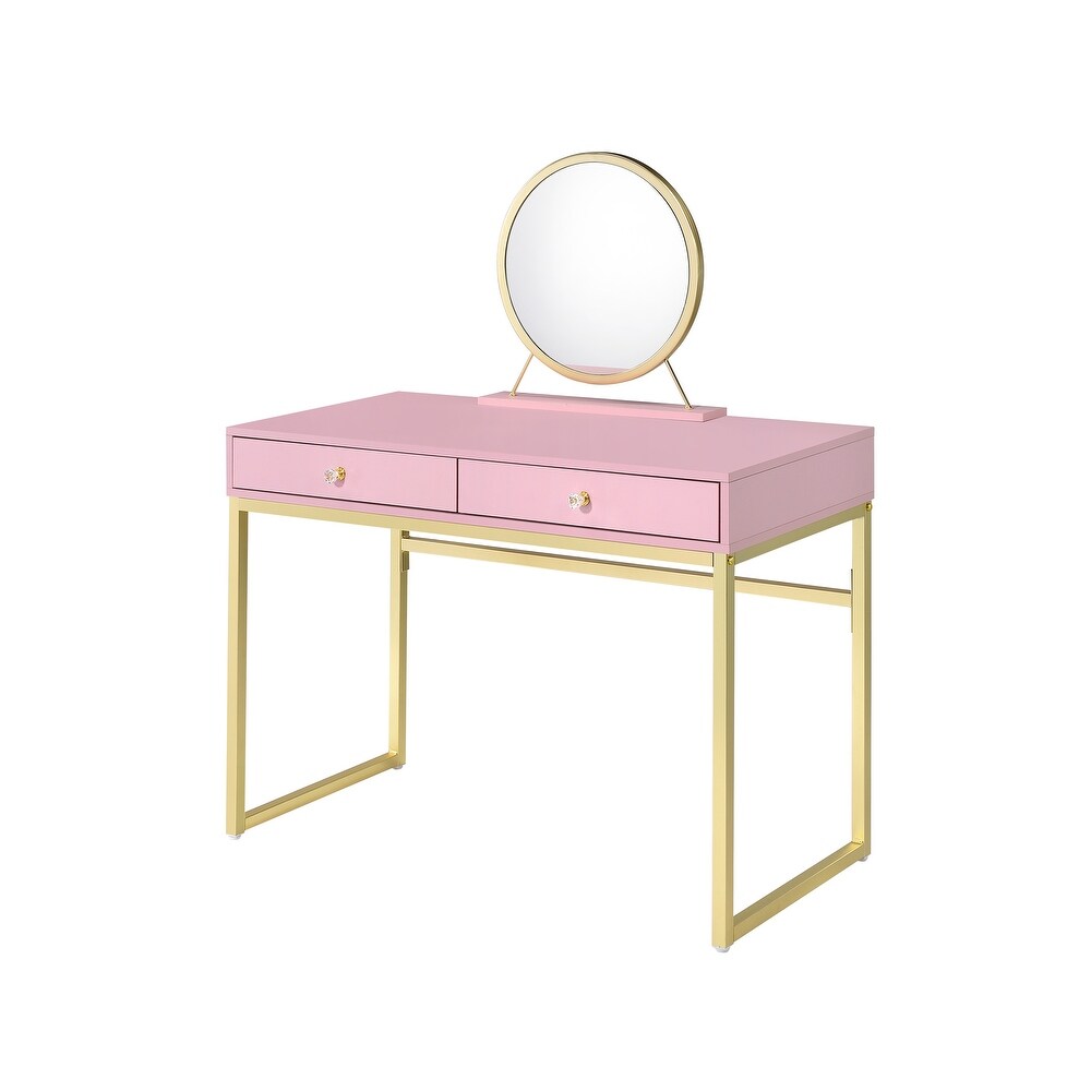 Gold Finish Vanity Desk with Mirror and Jewelry Tray