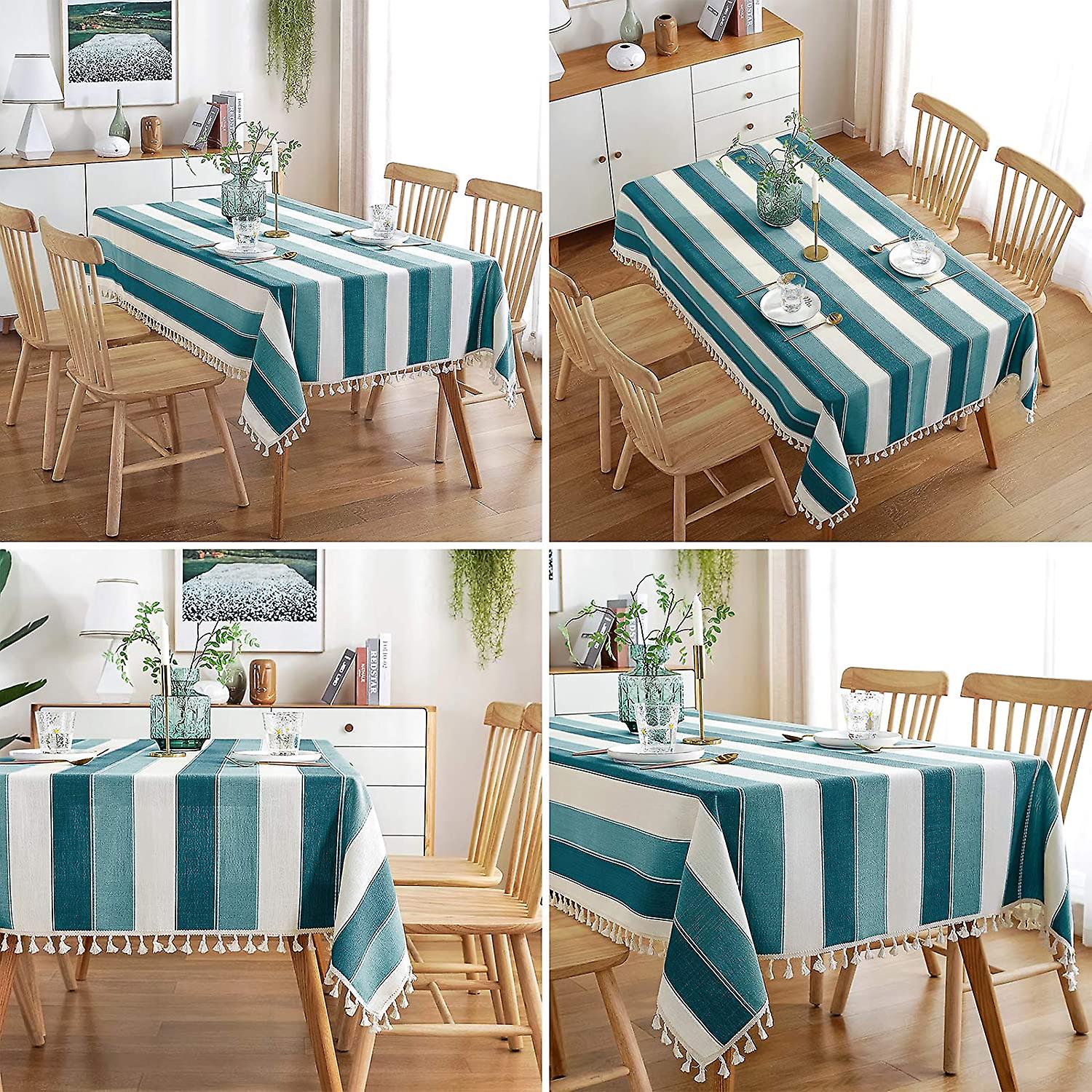 Striped Tassel Tablecloth Stitching Rectangle Table Cloth Cotton Linen Fabric Table Cover For Kitchen Dinning Tabletop 54 X 102 Inch Teal