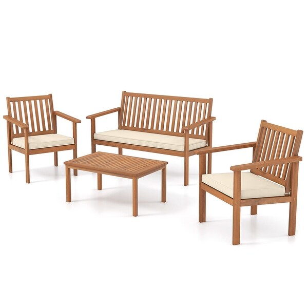 4 PCS Patio Wood Furniture Set Outdoor Wood Sofa Set w/Cushions