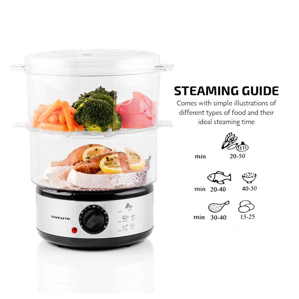 OVENTE 20-Cup Silver 2-Tier Food Steamer with Stainless Steel Base and Plastic Containers FS62S