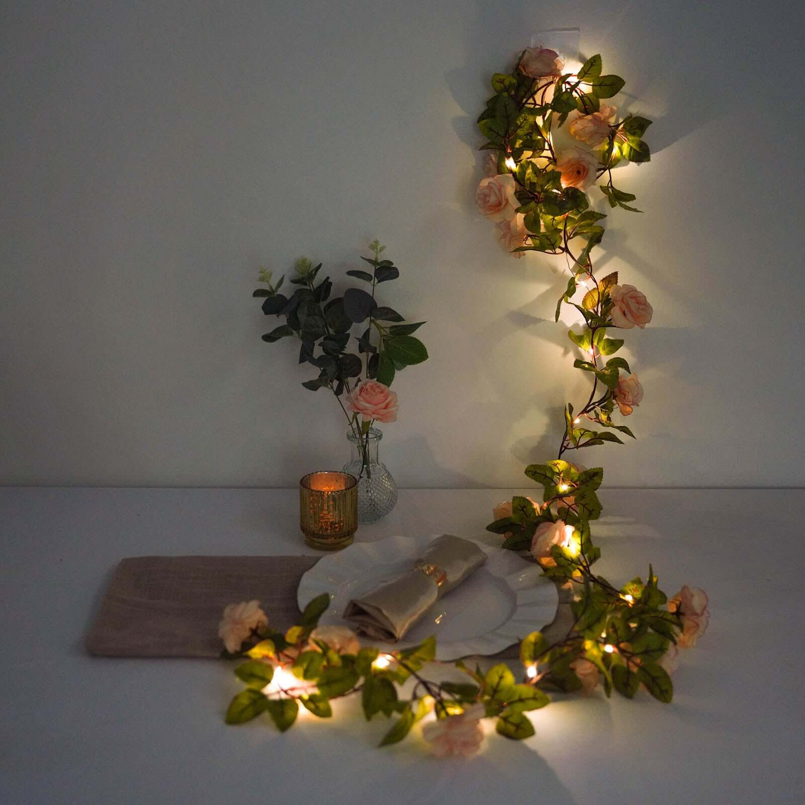 20 LED Blush Silk Rose Flower Garland Vine String Lights, Warm White Battery Operated 7ft