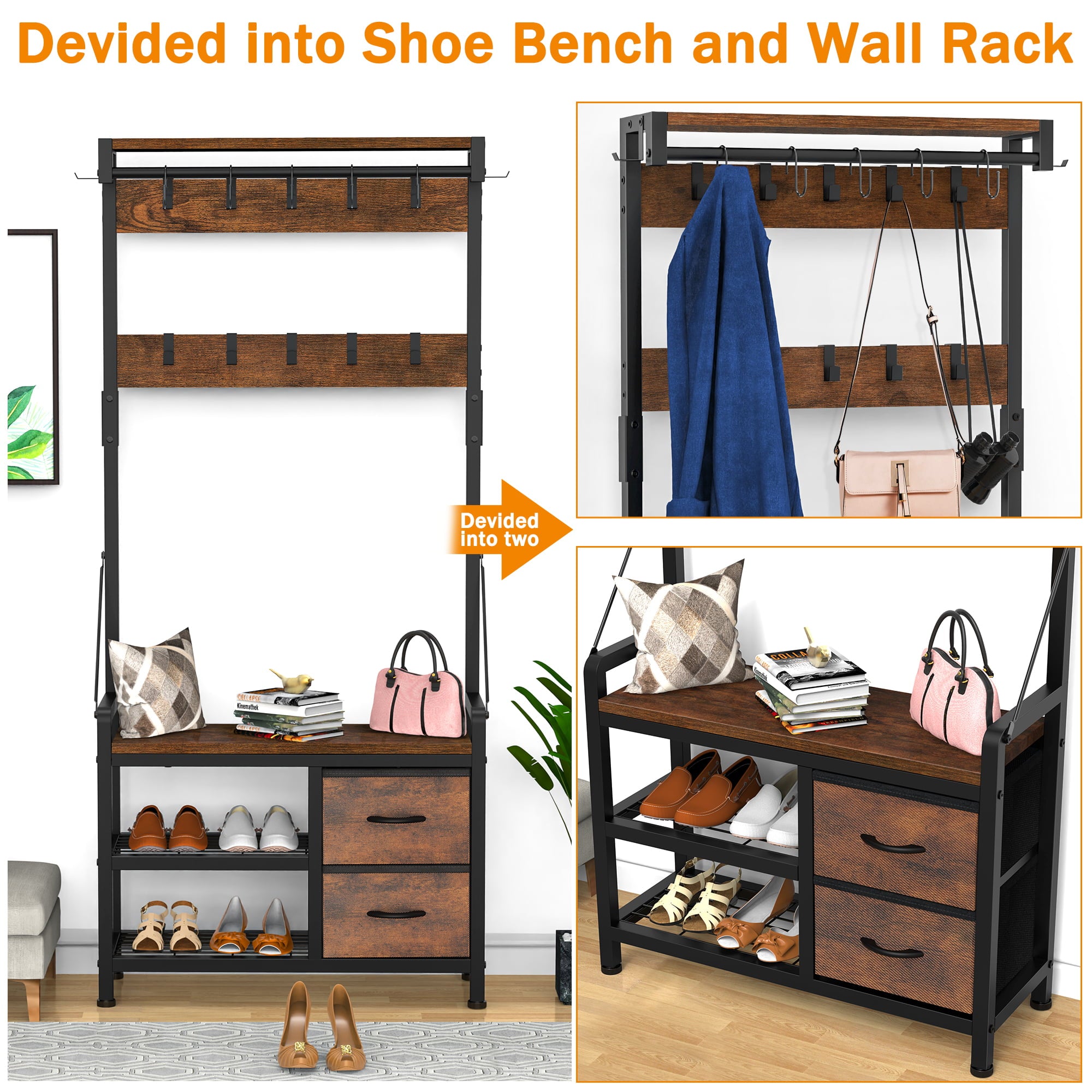 Lulive 4 in 1 Entryway Hall Tree Coat Rack with Shoe Storage Bench Industrial Entryway Bench with 17 Hooks 2 Drawers for Hallway or Living Room， Rustic Brown