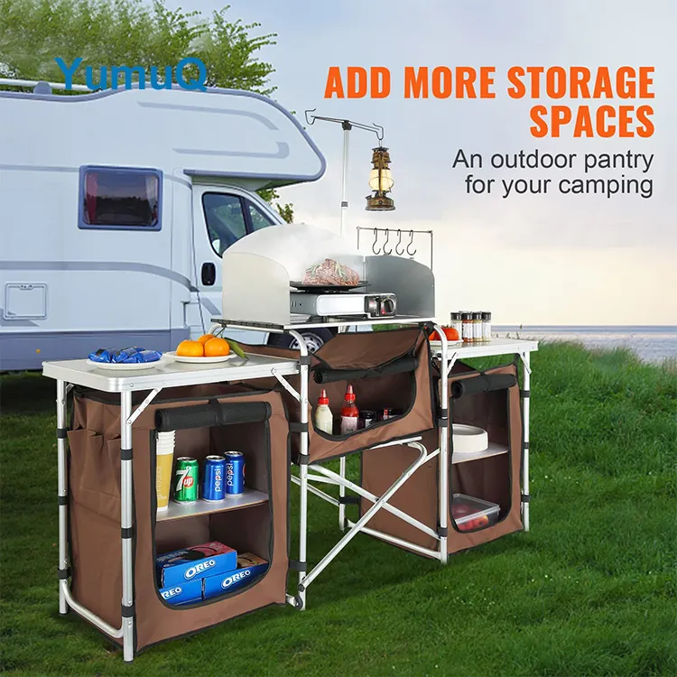 YumuQ Foldable Outdoor Camping Cooking Kitchen Utility Steel Work Station Cabinet Igt Table Set